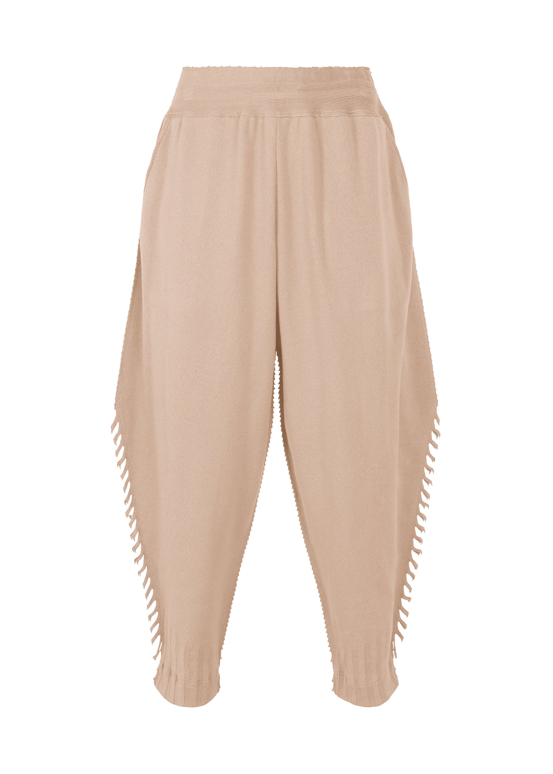 Zoomed view The TYPE-A 003 by A-POC ABLE ISSEY MIYAKE are beige high-waisted knit tapered pants with a relaxed fit, openwork cut-out sides, and gathered ankle hems. - PINK BEIGE （no.42）