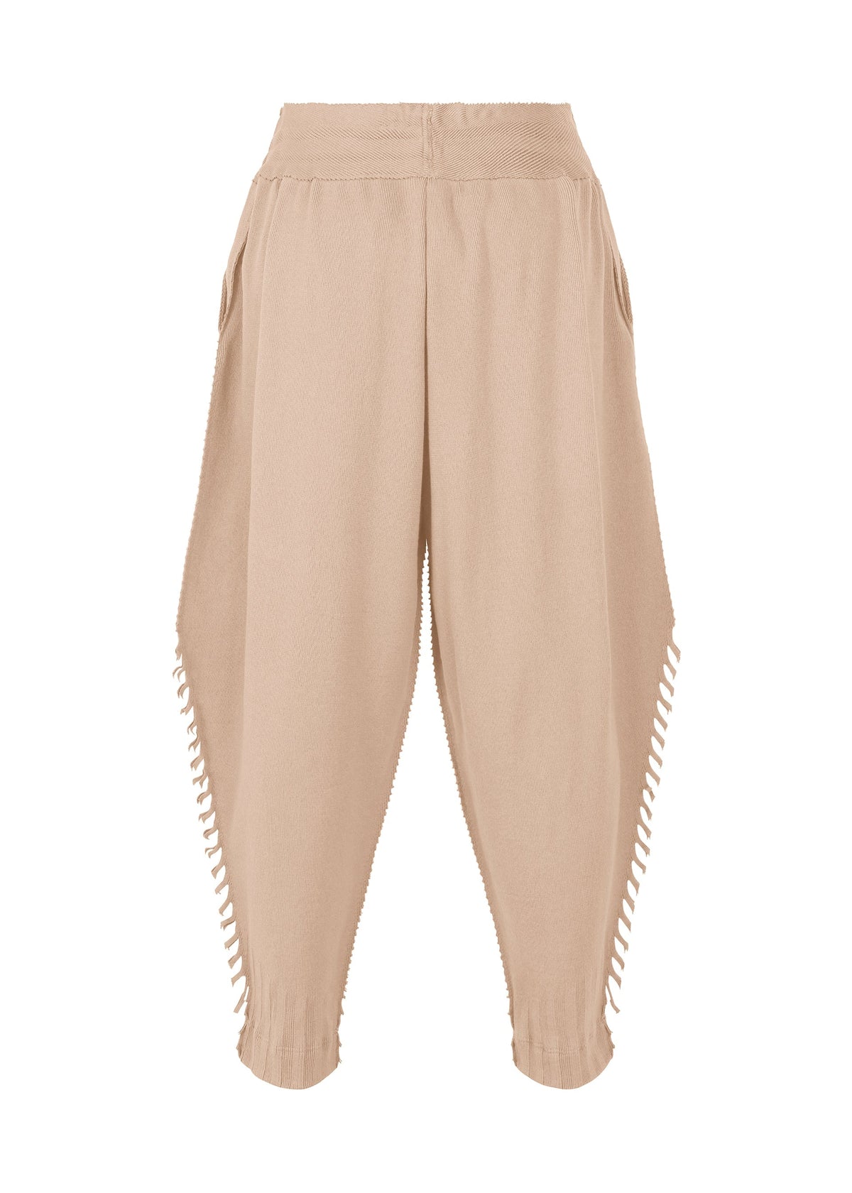 TYPE-A 003 by A-POC ABLE ISSEY MIYAKE: beige, loose harem pants made from tube-shaped fabric with a high elastic waistband, side pockets, and decorative cut-out details along the outer seams for a relaxed, stylish look. view 4 of 7