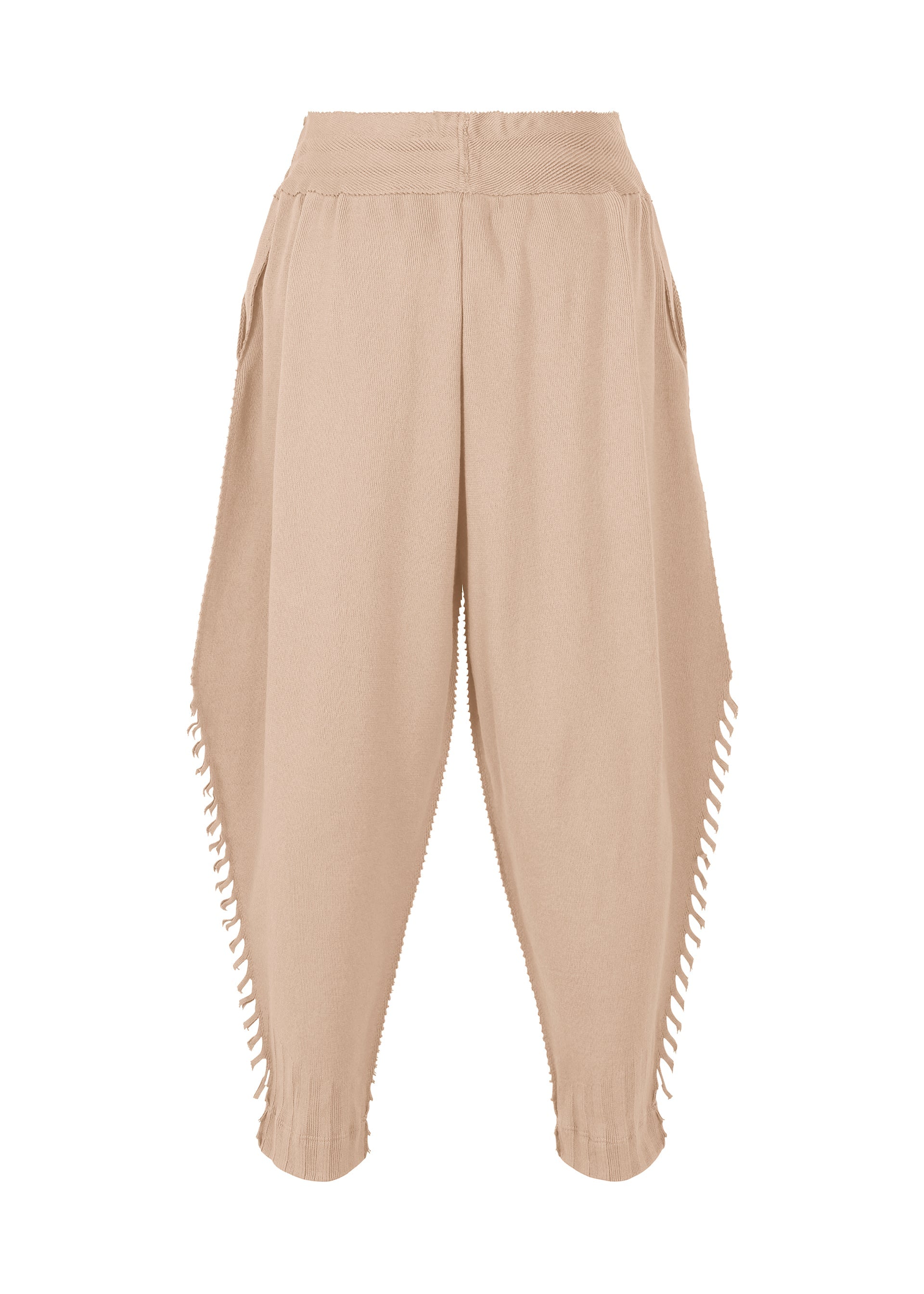 Zoomed view TYPE-A 003 by A-POC ABLE ISSEY MIYAKE: beige, loose harem pants made from tube-shaped fabric with a high elastic waistband, side pockets, and decorative cut-out details along the outer seams for a relaxed, stylish look.