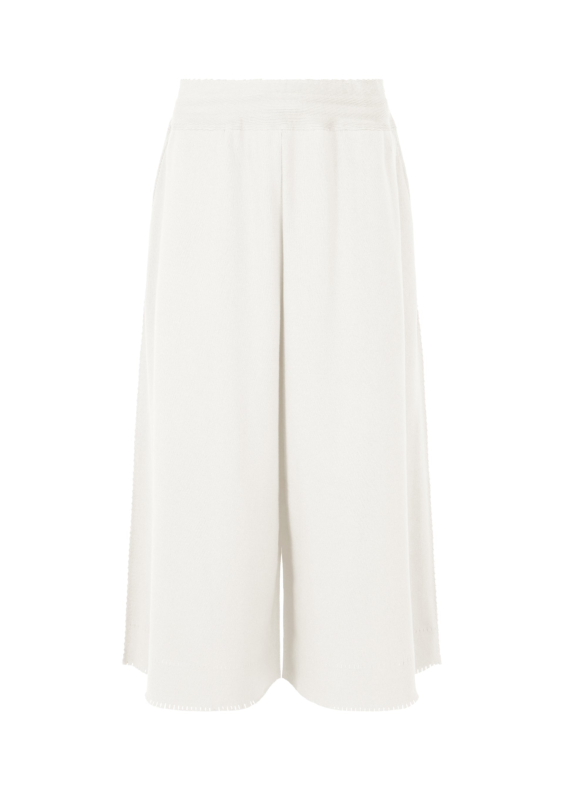 Zoomed view The TYPE-A 003 by A-POC ABLE ISSEY MIYAKE are white, knee-length wide knit pants with a high waist and textured fabric, inspired by A-POC tube-shaped techniques, shown against a plain white background. - LIGHT GRAY （no.11）
