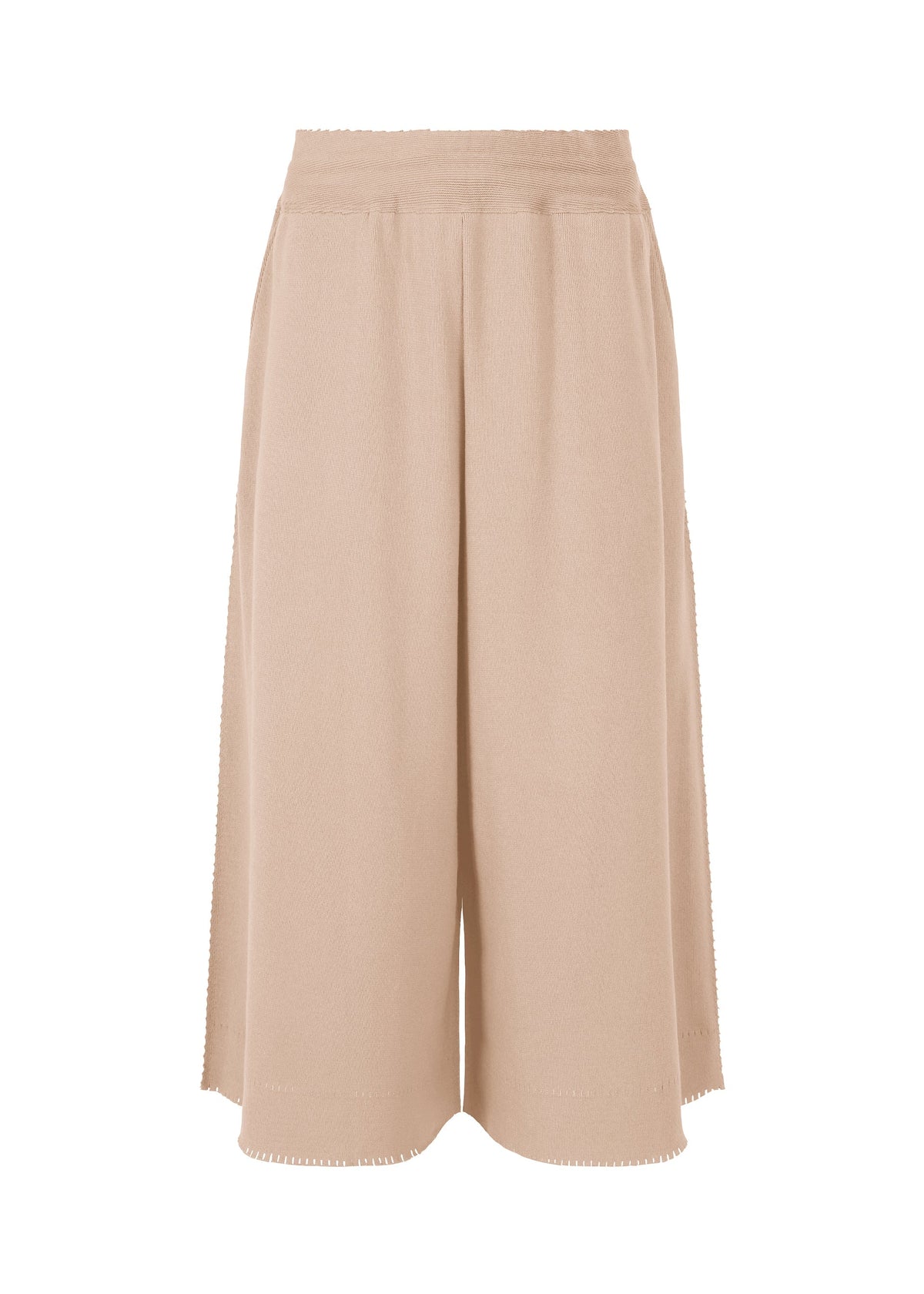 The TYPE-A 003 by A-POC ABLE ISSEY MIYAKE are beige, high-waisted, knee-length culotte shorts with a loose wide-leg fit, crafted from tube-shaped fabric and shown against a white background. view 3 of 6