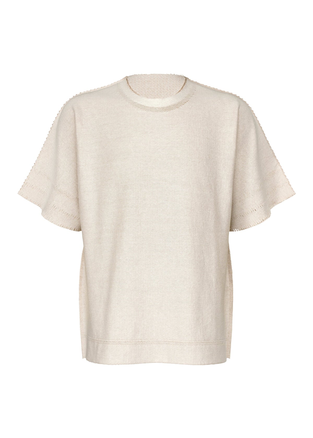 The TYPE-A 001-4 by A-POC ABLE ISSEY MIYAKE is a beige, short-sleeved knit top crafted from tubular fabric, featuring a crew neckline and refined textured detailing on the sleeves and hem for comfortable wear throughout the year. view 1 of 5