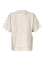 The TYPE-A 001-4 by A-POC ABLE ISSEY MIYAKE is a beige, short-sleeved knit top crafted from tubular fabric, featuring a crew neckline and refined textured detailing on the sleeves and hem for comfortable wear throughout the year. - BEIGE-HUED （no.46）
