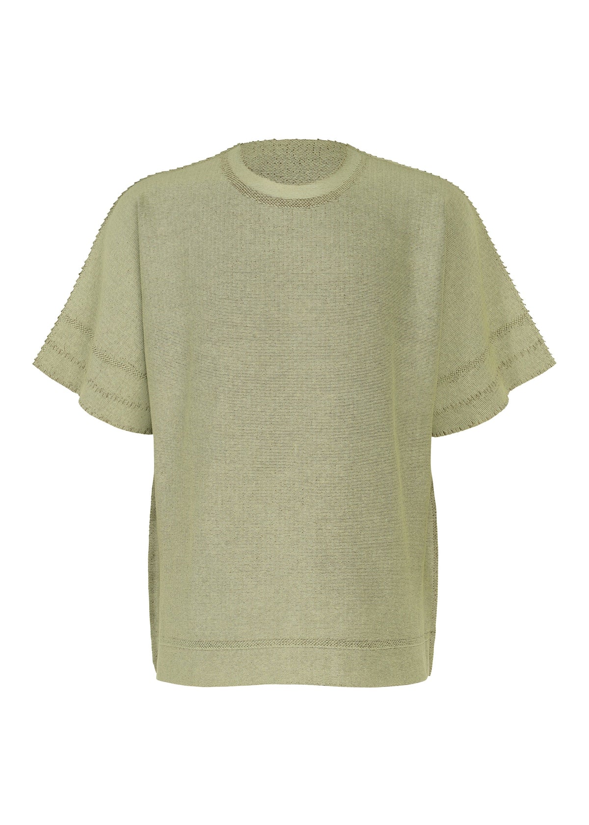 The TYPE-A 001-4 by A-POC ABLE ISSEY MIYAKE is a loose-fitting, short-sleeved knit top in a light green shade, crafted from tubular fabric with a round neckline and minimal detailing for versatile year-round comfort, shown against a plain white background. view 2 of 5