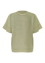 The TYPE-A 001-4 by A-POC ABLE ISSEY MIYAKE is a loose-fitting, short-sleeved knit top in a light green shade, crafted from tubular fabric with a round neckline and minimal detailing for versatile year-round comfort, shown against a plain white background. - GREEN-HUED （no.66）