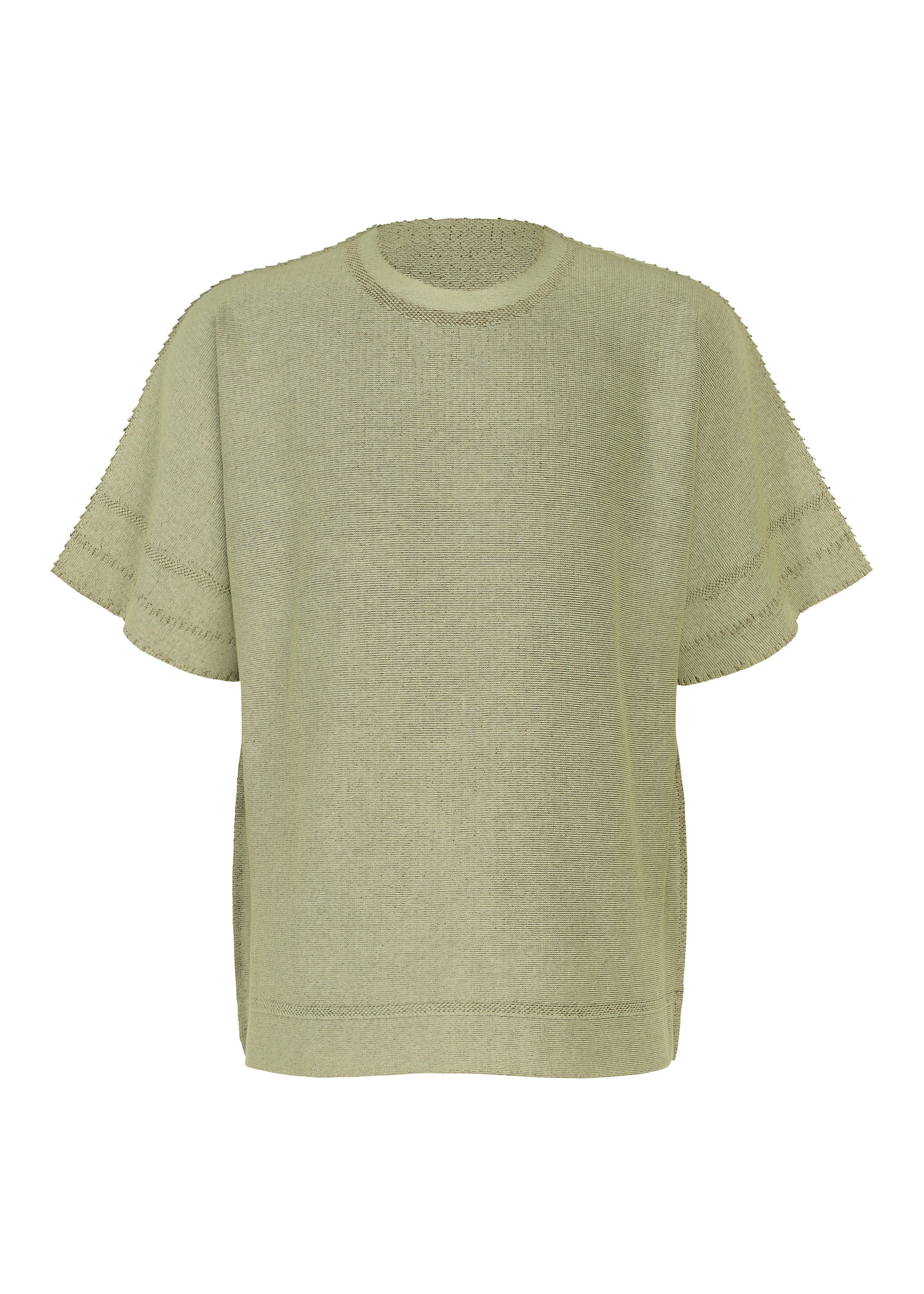 Zoomed view The TYPE-A 001-4 by A-POC ABLE ISSEY MIYAKE is a loose-fitting, short-sleeved knit top in a light green shade, crafted from tubular fabric with a round neckline and minimal detailing for versatile year-round comfort, shown against a plain white background. - GREEN-HUED （no.66）