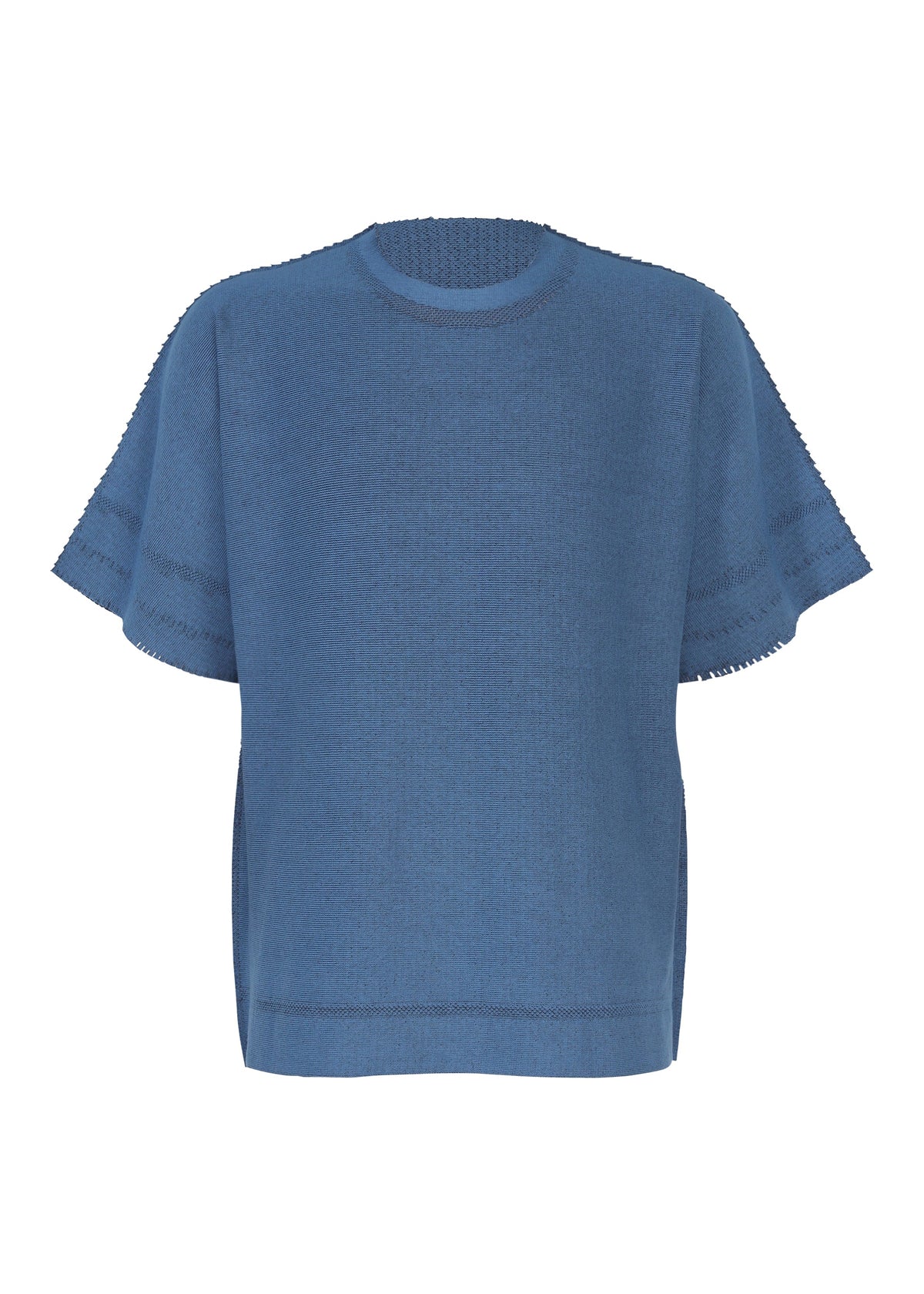 TYPE-A 001-4 by A-POC ABLE ISSEY MIYAKE is a blue short-sleeve knit top with a round neckline and loose fit, featuring subtle seam details and a slightly textured, tube-shaped fabric designed for year-round comfort. view 3 of 5