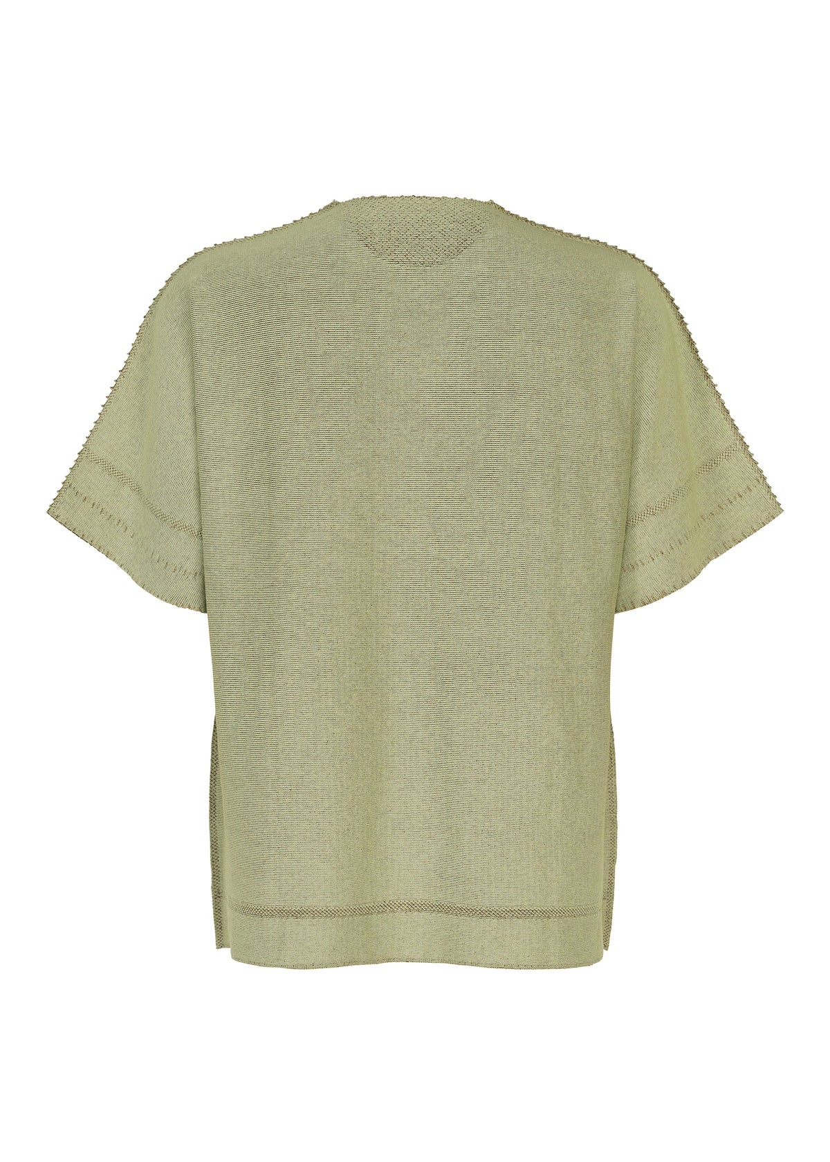 Back view of the TYPE-A 001-4 by A-POC ABLE ISSEY MIYAKE—a light green, short-sleeved knit top with a loose fit, showcasing subtle horizontal seam details near the sleeves and hem. Crafted from innovative tube-shaped fabric, this versatile piece is designed for year-round comfort. view 4 of 5