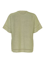 Back view of the TYPE-A 001-4 by A-POC ABLE ISSEY MIYAKE—a light green, short-sleeved knit top with a loose fit, showcasing subtle horizontal seam details near the sleeves and hem. Crafted from innovative tube-shaped fabric, this versatile piece is designed for year-round comfort.