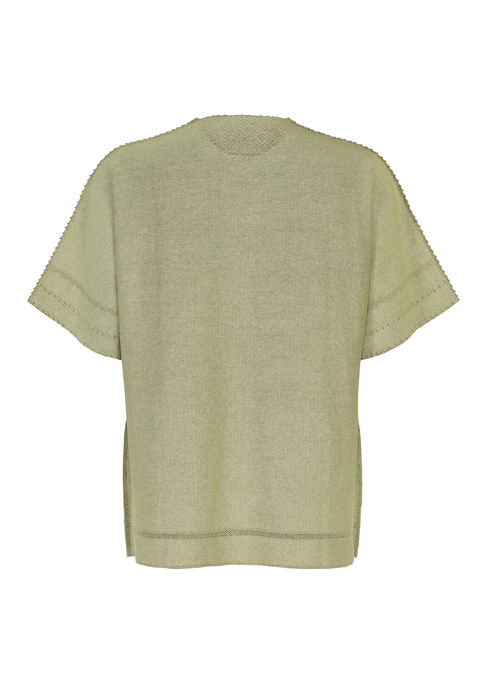Zoomed view Back view of the TYPE-A 001-4 by A-POC ABLE ISSEY MIYAKE—a light green, short-sleeved knit top with a loose fit, showcasing subtle horizontal seam details near the sleeves and hem. Crafted from innovative tube-shaped fabric, this versatile piece is designed for year-round comfort.