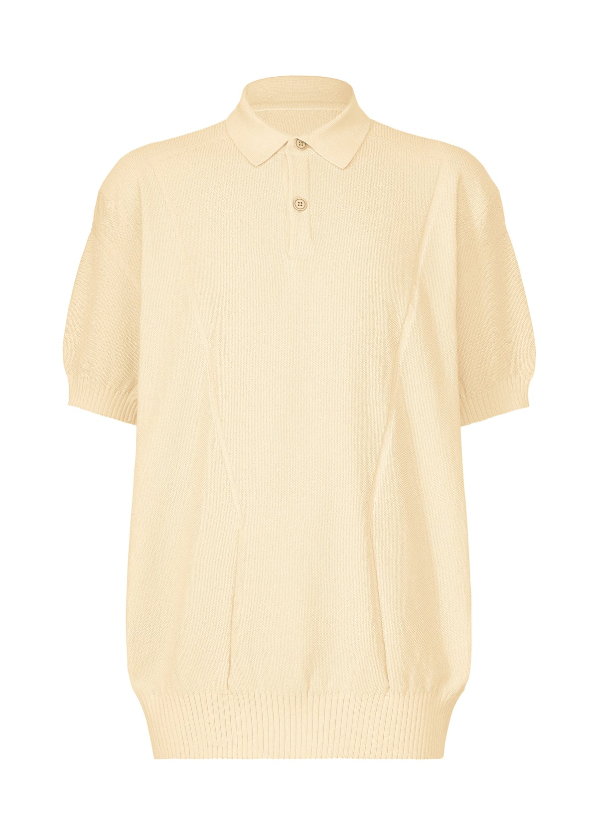 The TYPE-K 003-2 by A-POC ABLE ISSEY MIYAKE is a short-sleeved light beige knit polo in Steam Stretch fabric, with a ribbed hem, cuffs, collar, and two-button placket. Its relaxed fit and minimal design provide effortless comfort and style. view 1 of 9