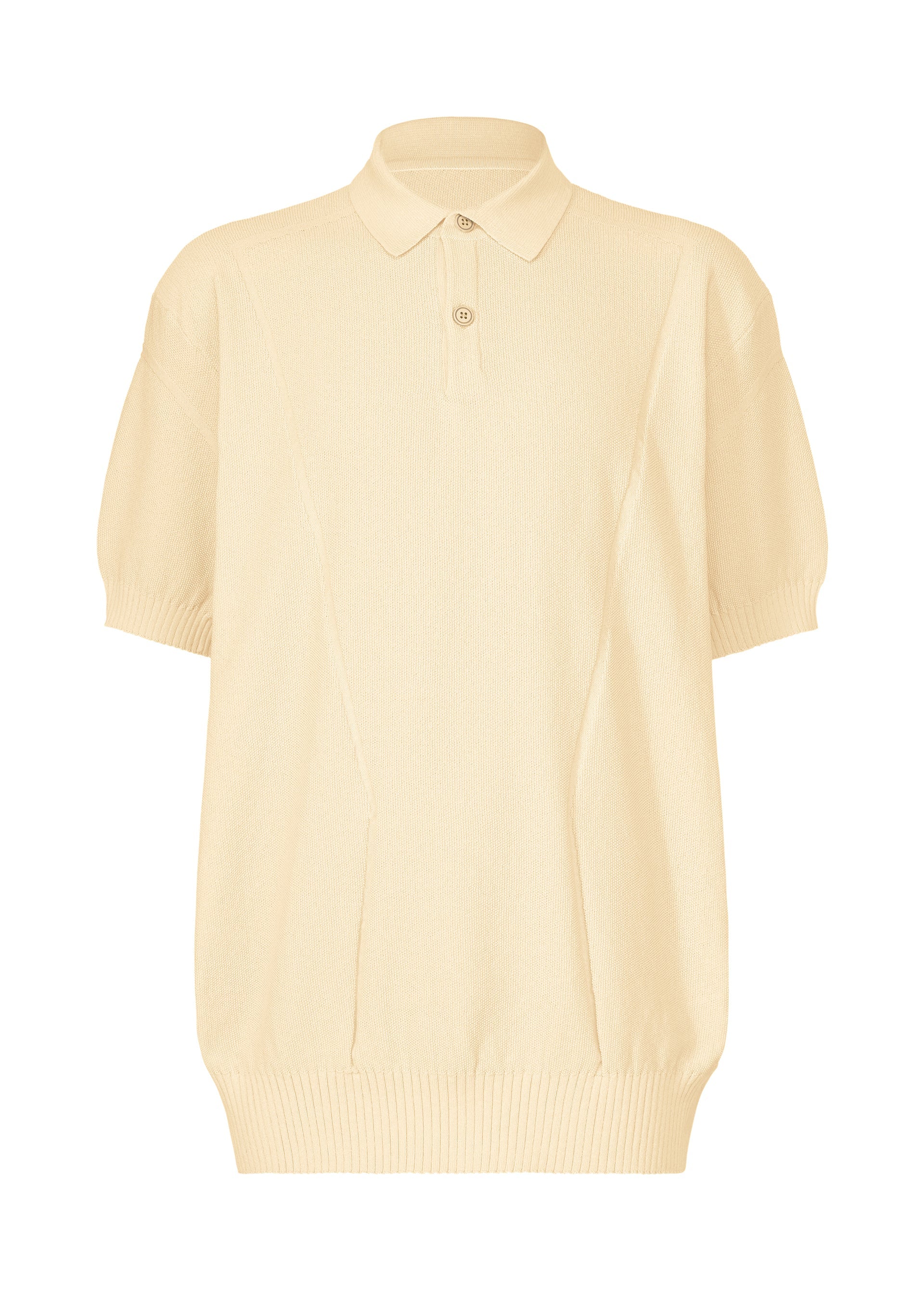 Zoomed view The TYPE-K 003-2 by A-POC ABLE ISSEY MIYAKE is a short-sleeved light beige knit polo in Steam Stretch fabric, with a ribbed hem, cuffs, collar, and two-button placket. Its relaxed fit and minimal design provide effortless comfort and style. - OFF-WHITE （no.02）