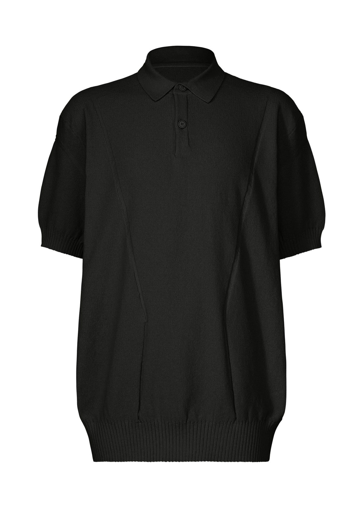 The TYPE-K 003-2 by A-POC ABLE ISSEY MIYAKE is a black short-sleeved knit polo with a ribbed collar, single button placket, ribbed cuffs, and hem in Steam Stretch fabric, shown on a plain white background. view 2 of 9