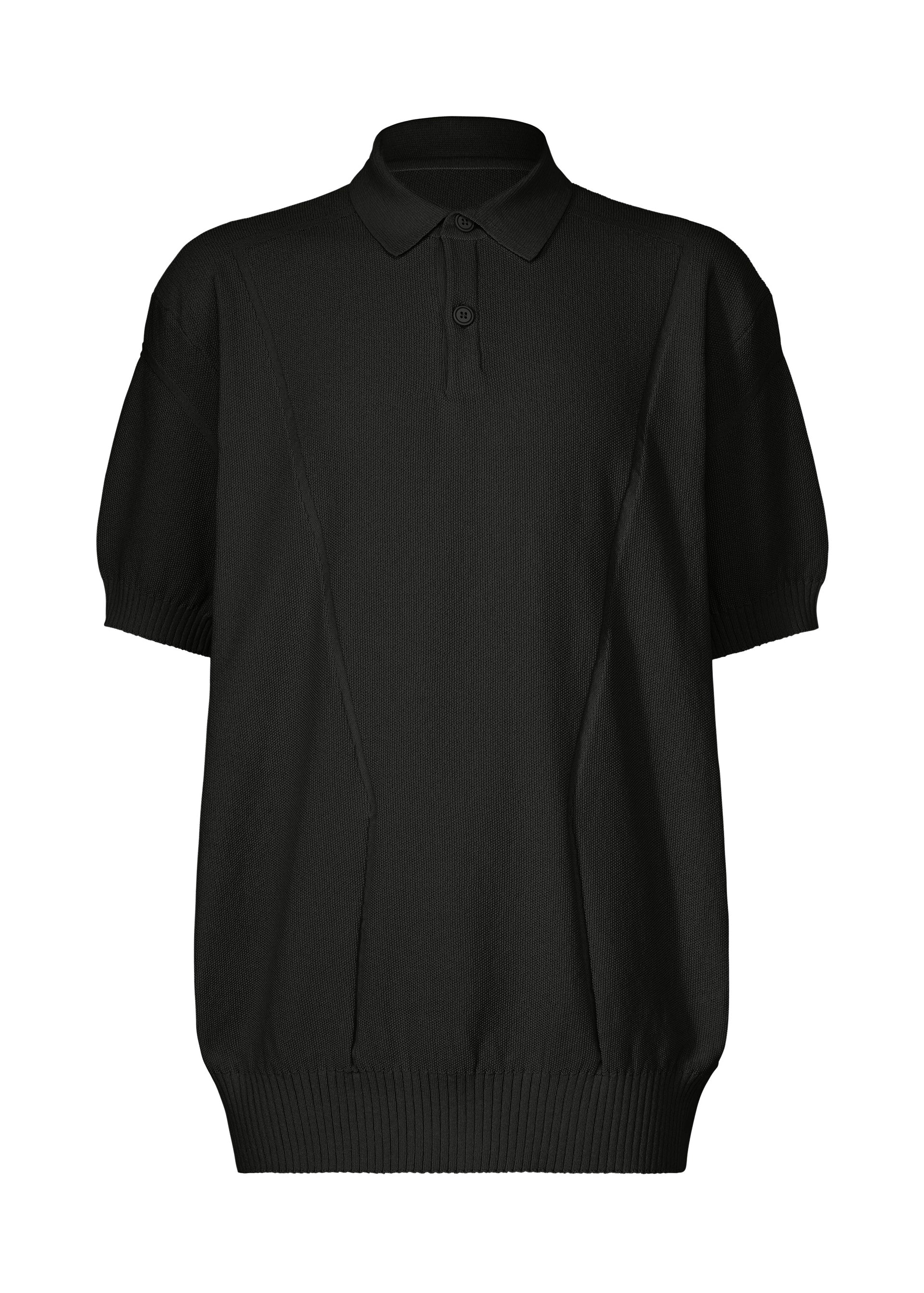 Zoomed view The TYPE-K 003-2 by A-POC ABLE ISSEY MIYAKE is a black short-sleeved knit polo with a ribbed collar, single button placket, ribbed cuffs, and hem in Steam Stretch fabric, shown on a plain white background. - BLACK （no.15）