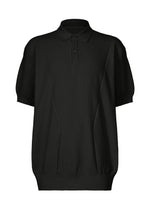 The TYPE-K 003-2 by A-POC ABLE ISSEY MIYAKE is a black short-sleeve knit polo, crafted with weft knitting, featuring a ribbed collar, single button placket, and ribbed cuffs and hem, shown on a white background. - BLACK （no.15）