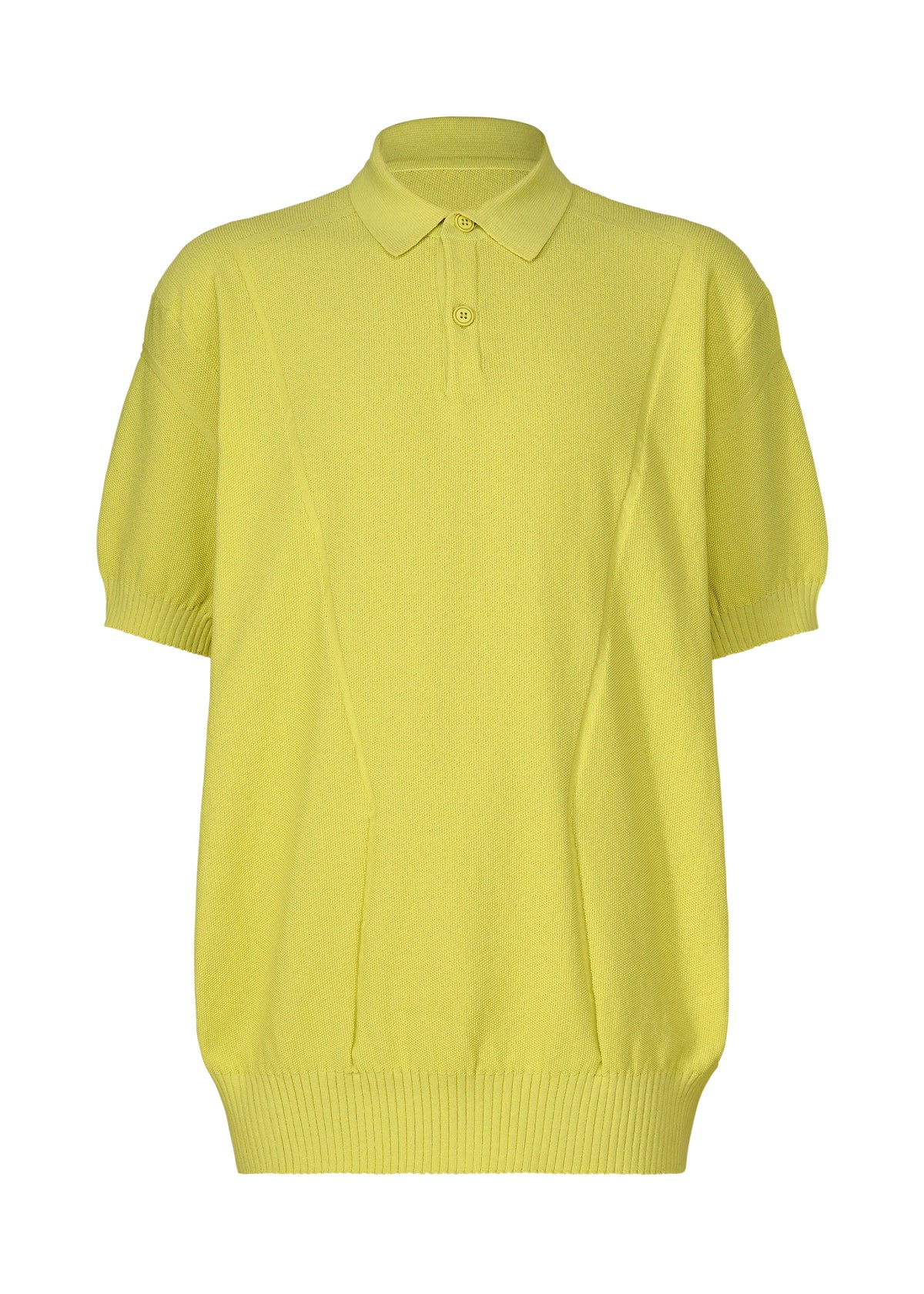 The TYPE-K 003-2 by A-POC ABLE ISSEY MIYAKE is a short-sleeved, light yellow knit polo shirt with Steam Stretch fabric, a collar, two-button neckline, and ribbed cuffs and hem, shown on a plain white background. view 3 of 9