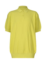 The TYPE-K 003-2 by A-POC ABLE ISSEY MIYAKE is a short-sleeved, light yellow knit polo shirt with Steam Stretch fabric, a collar, two-button neckline, and ribbed cuffs and hem, shown on a plain white background. - LIME GREEN （no.63）
