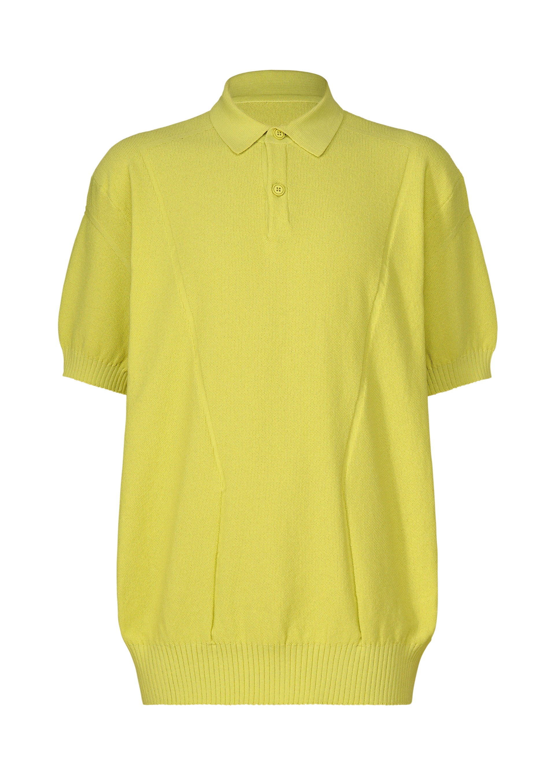 Zoomed view The TYPE-K 003-2 by A-POC ABLE ISSEY MIYAKE is a short-sleeved, light yellow knit polo shirt with Steam Stretch fabric, a collar, two-button neckline, and ribbed cuffs and hem, shown on a plain white background. - LIME GREEN （no.63）
