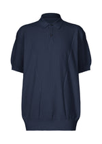 The TYPE-K 003-2 by A-POC ABLE ISSEY MIYAKE is a dark navy short-sleeved knit polo with Steam Stretch fabric, collar, two buttons, ribbed cuffs and hem, shown against a plain white background. - NAVY （no.75）