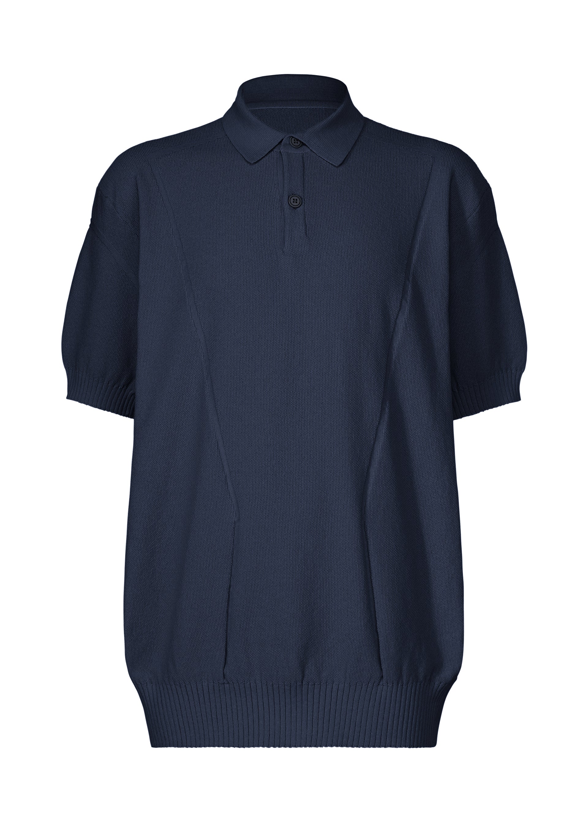 Zoomed view The TYPE-K 003-2 by A-POC ABLE ISSEY MIYAKE is a dark navy short-sleeved knit polo with Steam Stretch fabric, collar, two buttons, ribbed cuffs and hem, shown against a plain white background. - NAVY （no.75）