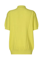 The image shows the back of TYPE-K 003-2 by A-POC ABLE ISSEY MIYAKE, a short-sleeved yellow knit polo with ribbed hem and cuffs, plus a high rounded neckline enhanced by Steam Stretch for lasting comfort.