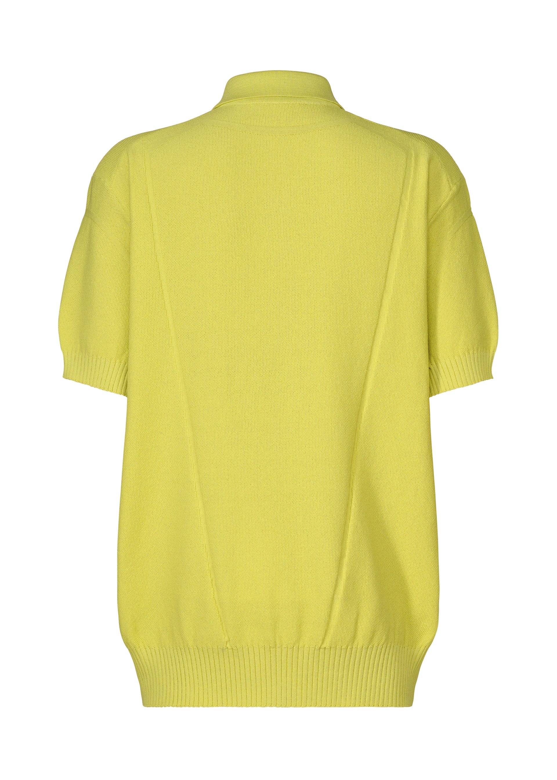 Zoomed view The image shows the back of TYPE-K 003-2 by A-POC ABLE ISSEY MIYAKE, a short-sleeved yellow knit polo with ribbed hem and cuffs, plus a high rounded neckline enhanced by Steam Stretch for lasting comfort.