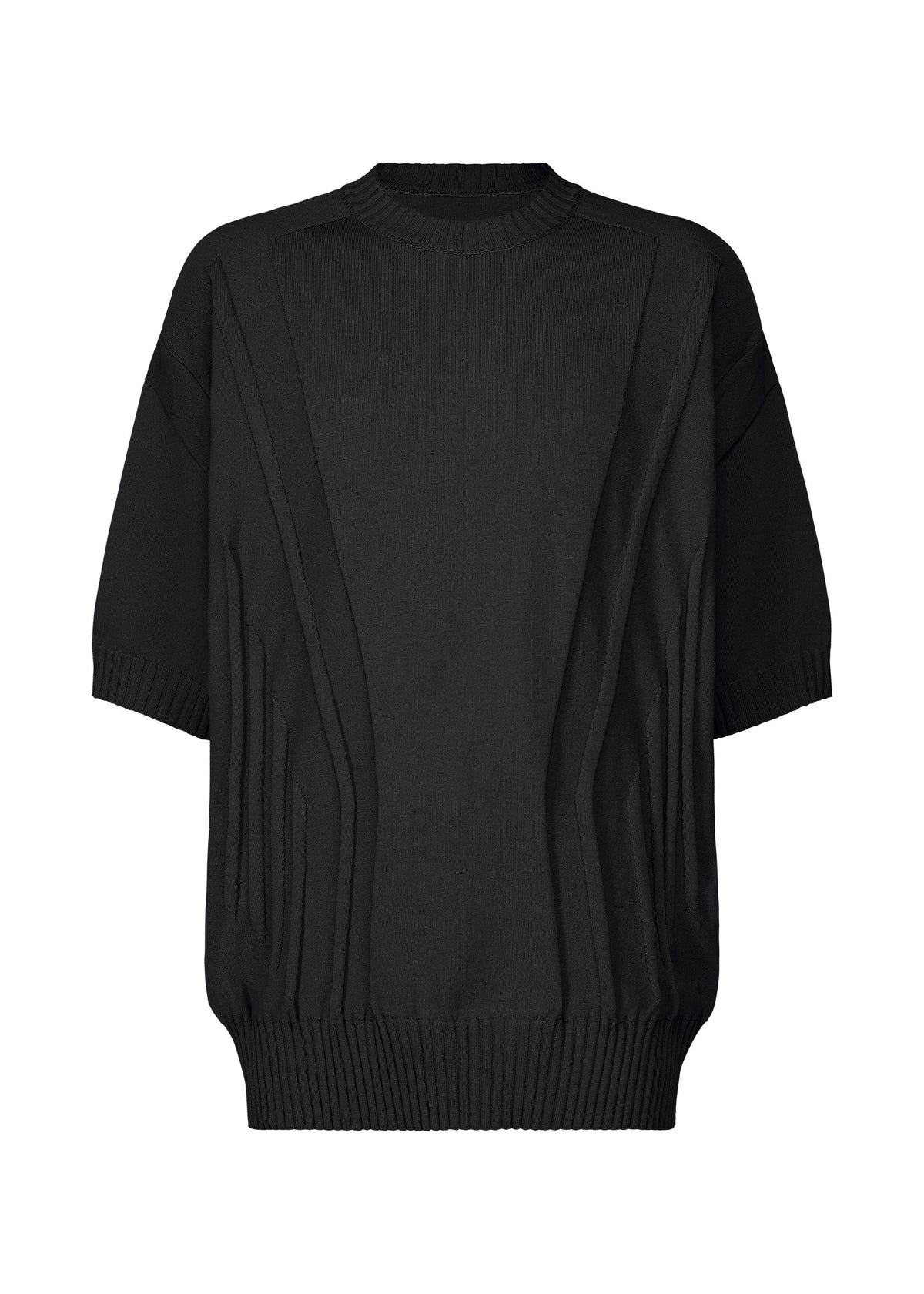 The TYPE-K 003-1 by A-POC ABLE ISSEY MIYAKE is a black short-sleeve knit sweater featuring a round neckline, ribbed cuffs and hem, subtle vertical textures, and stretchy comfortable fabric—an essential top for any wardrobe. view 1 of 7