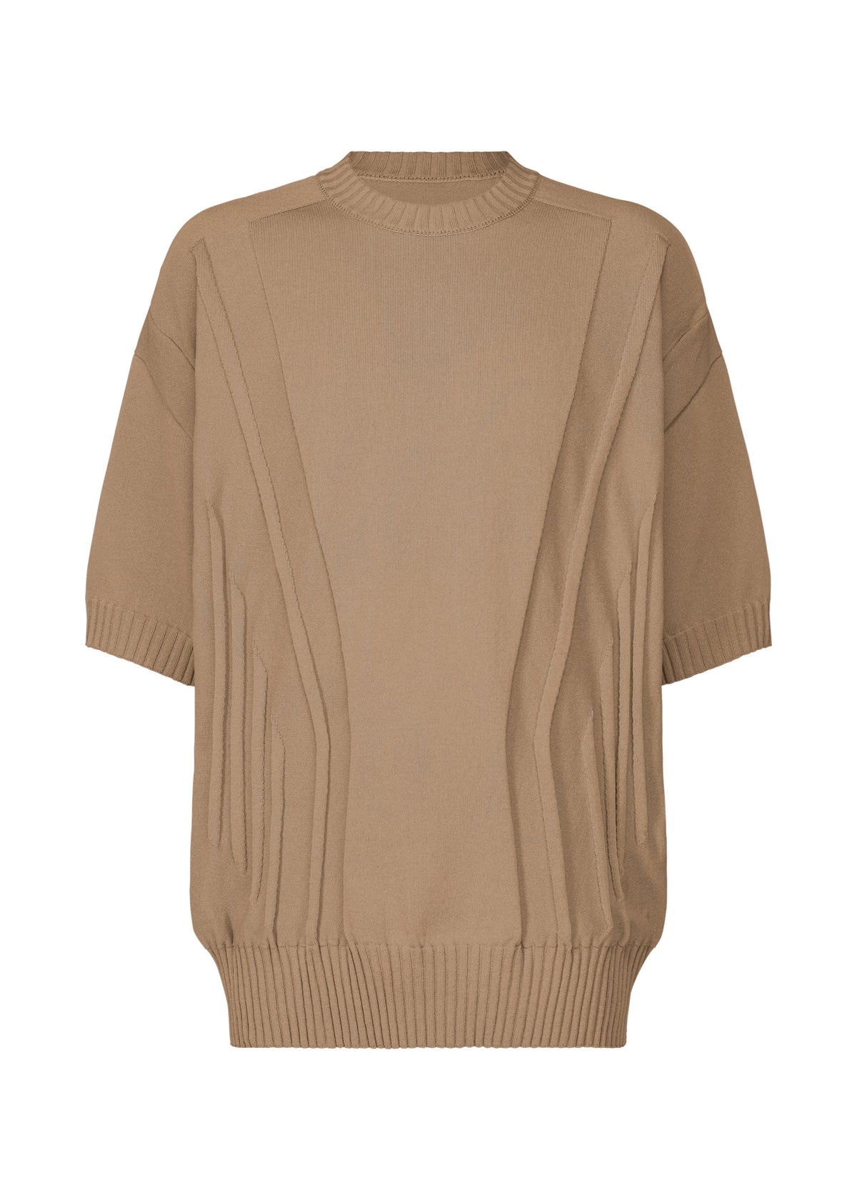 The TYPE-K 003-1 by A-POC ABLE ISSEY MIYAKE is a tan short-sleeved knit top with a relaxed fit, ribbed crew neckline, hem, and cuffs. It features diagonal textured patterns and enhanced comfort from Steam Stretch technology. view 2 of 7