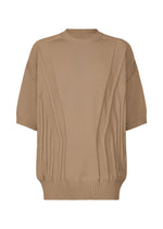 The TYPE-K 003-1 by A-POC ABLE ISSEY MIYAKE is a tan short-sleeved knit top with a relaxed fit, ribbed crew neckline, hem, and cuffs. It features diagonal textured patterns and enhanced comfort from Steam Stretch technology. - BEIGE （no.41）
