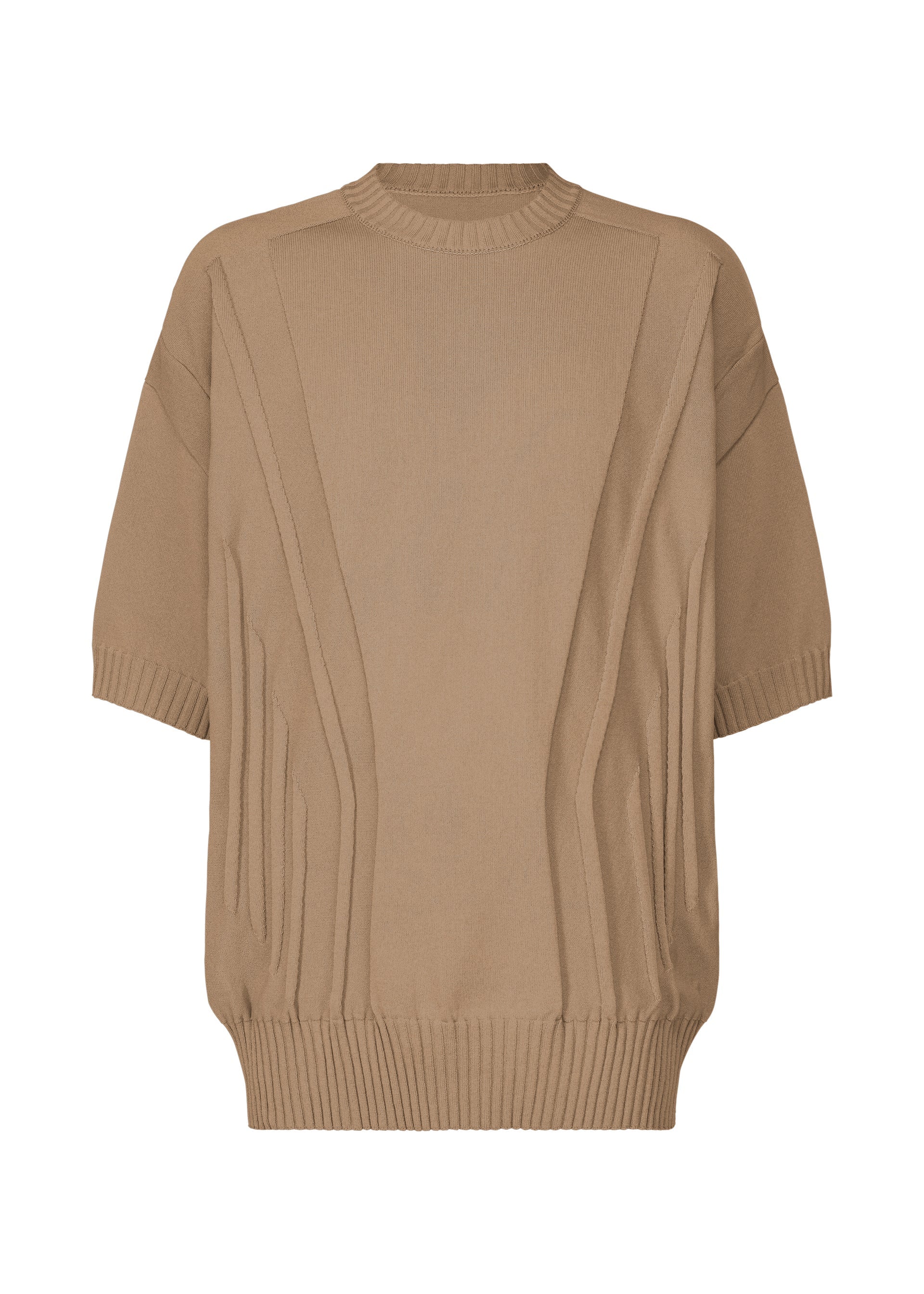 Zoomed view The TYPE-K 003-1 by A-POC ABLE ISSEY MIYAKE is a tan short-sleeved knit top with a relaxed fit, ribbed crew neckline, hem, and cuffs. It features diagonal textured patterns and enhanced comfort from Steam Stretch technology. - BEIGE （no.41）