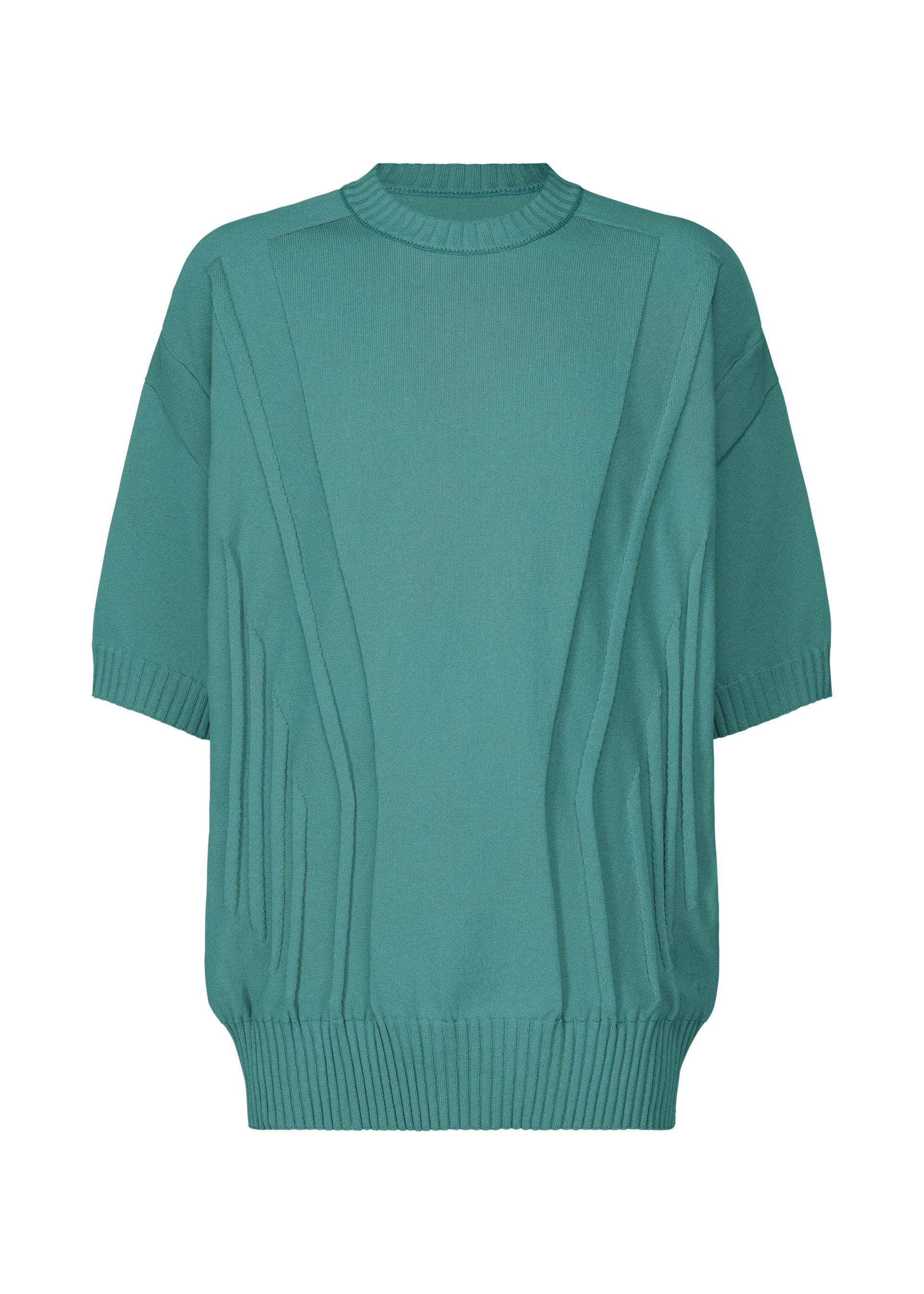 Zoomed view The TYPE-K 003-1 by A-POC ABLE ISSEY MIYAKE is a teal knit short-sleeved top with a crew neck, ribbed trims, and subtle diagonal textured lines on the front for a stretchy, comfortable fit. - EMERALD GREEN （no.60）