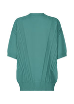 The A-POC ABLE ISSEY MIYAKE TYPE-K 003-1 teal short-sleeved knit top is shown from the back, made of stretchy fabric with ribbed cuffs and hem, subtle vertical seams, and enhanced shape retention via Steam Stretch technology.