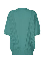 The TYPE-K 003-1 by A-POC ABLE ISSEY MIYAKE is a teal short-sleeve knit pullover, seen from the back, with ribbed collar, sleeves, and hem plus subtle vertical pleats from three-dimensional knitting.