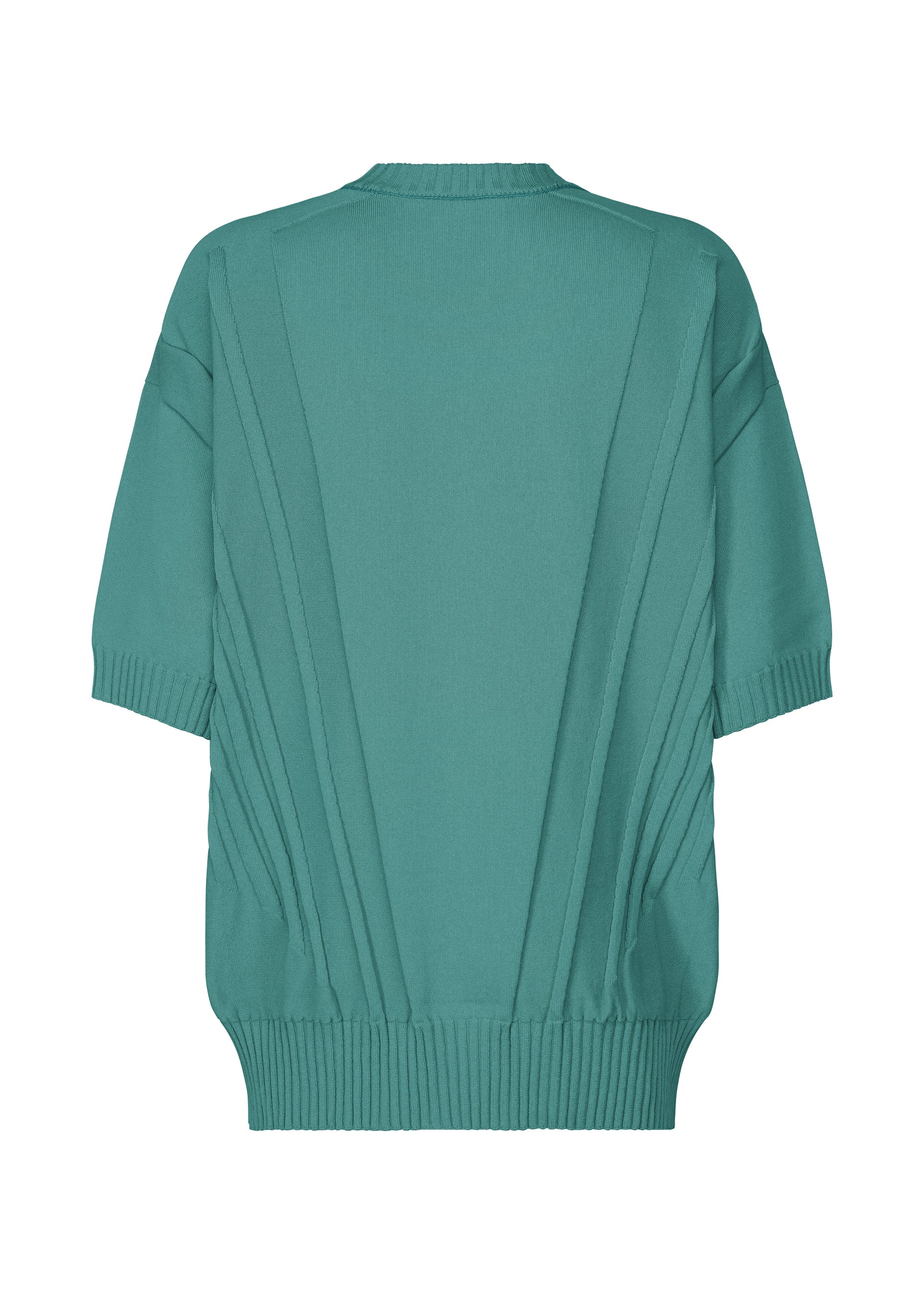 Zoomed view The TYPE-K 003-1 by A-POC ABLE ISSEY MIYAKE is a teal short-sleeve knit pullover, seen from the back, with ribbed collar, sleeves, and hem plus subtle vertical pleats from three-dimensional knitting.