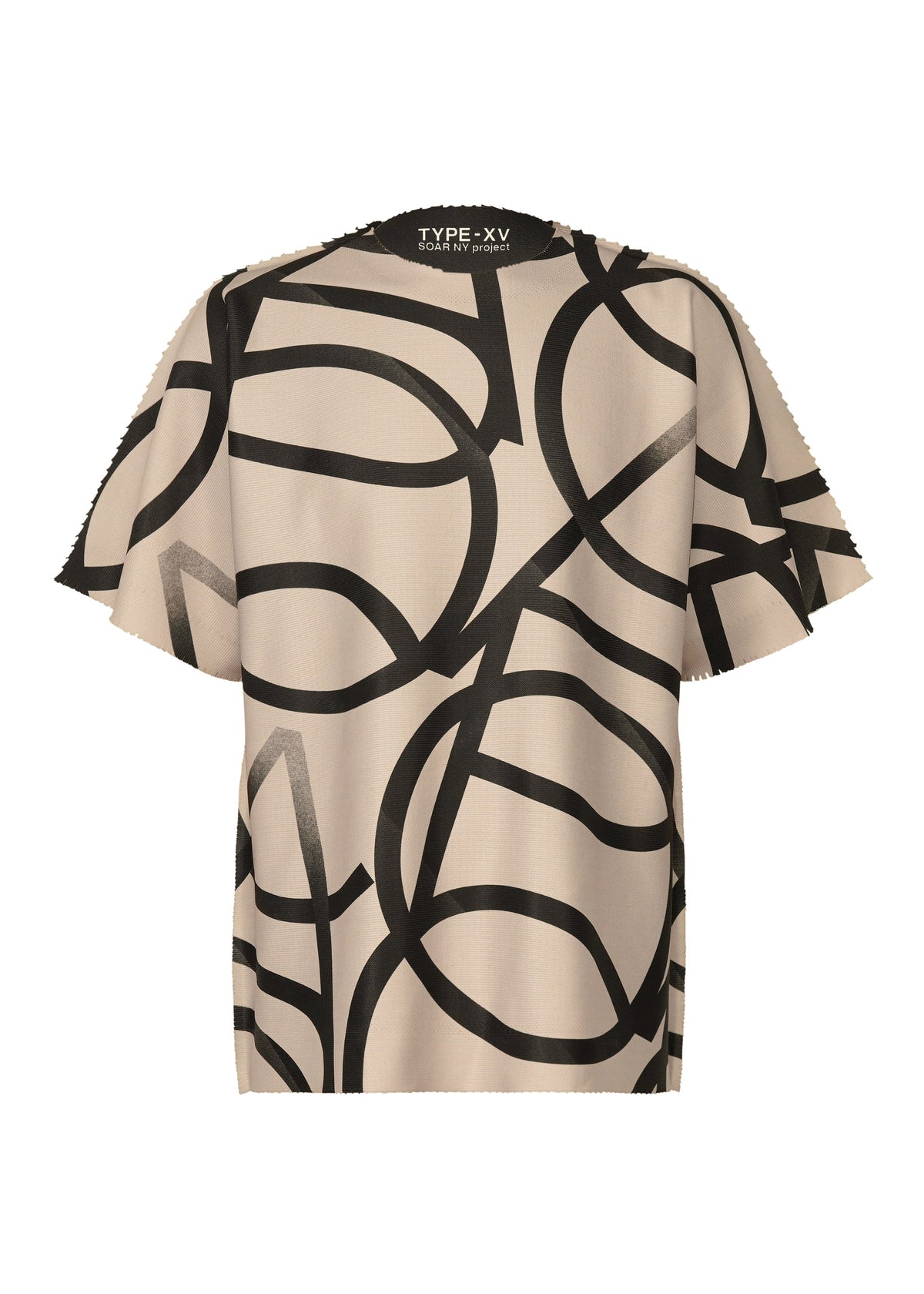 A beige, loose-fit short-sleeve shirt from A-POC ABLE ISSEY MIYAKE’s TYPE-XV SOAR NY project 002, featuring bold abstract black line patterns and the “TYPE-XV” branding inside the collar. view 5 of 10