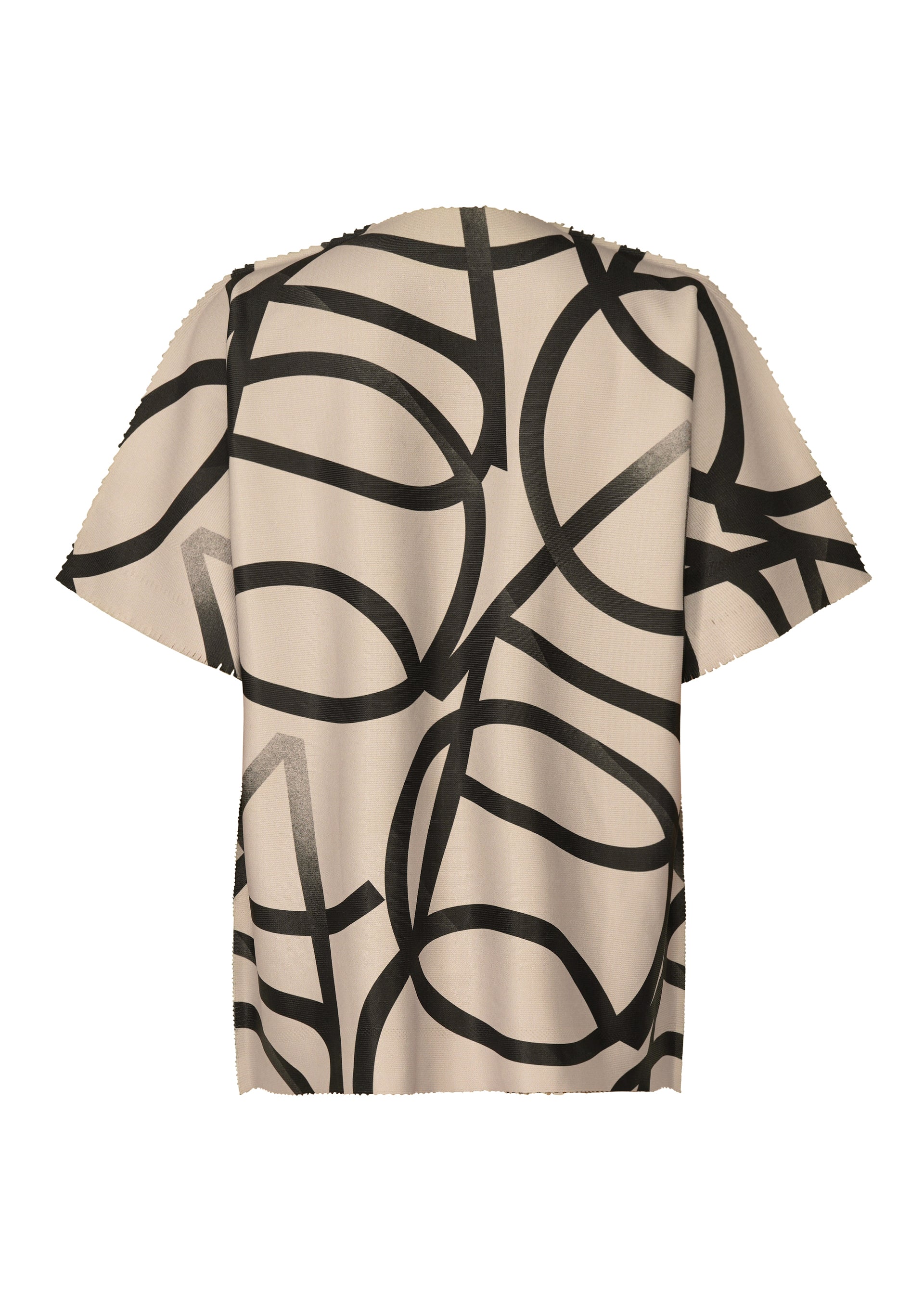 Zoomed view TYPE-XV SOAR NY project 002 by A-POC ABLE ISSEY MIYAKE is a short-sleeved beige shirt with a bold abstract black line pattern across the back, reflecting the brand’s modern knit top aesthetics.