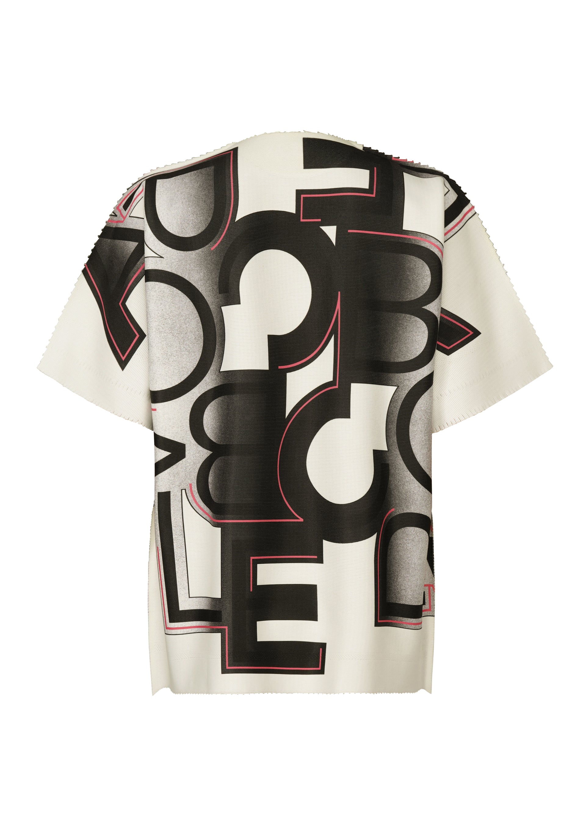 Zoomed view A short-sleeved, cream knit top with bold black and red geometric letters from the TYPE-XV SOAR NY project 002 by A-POC ABLE ISSEY MIYAKE.