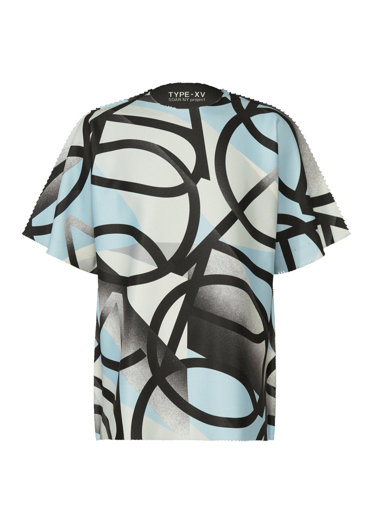Loose-fit, short-sleeved knit top by A-POC ABLE ISSEY MIYAKE. Features bold black, white, and light blue abstract pattern of curved and angular shapes. Back label: TYPE-XV SOAR NY project 002. view 3 of 10