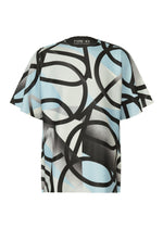 Loose-fit, short-sleeved knit top by A-POC ABLE ISSEY MIYAKE. Features bold black, white, and light blue abstract pattern of curved and angular shapes. Back label: TYPE-XV SOAR NY project 002. - LIGHT BLUE-HUED （no.78）
