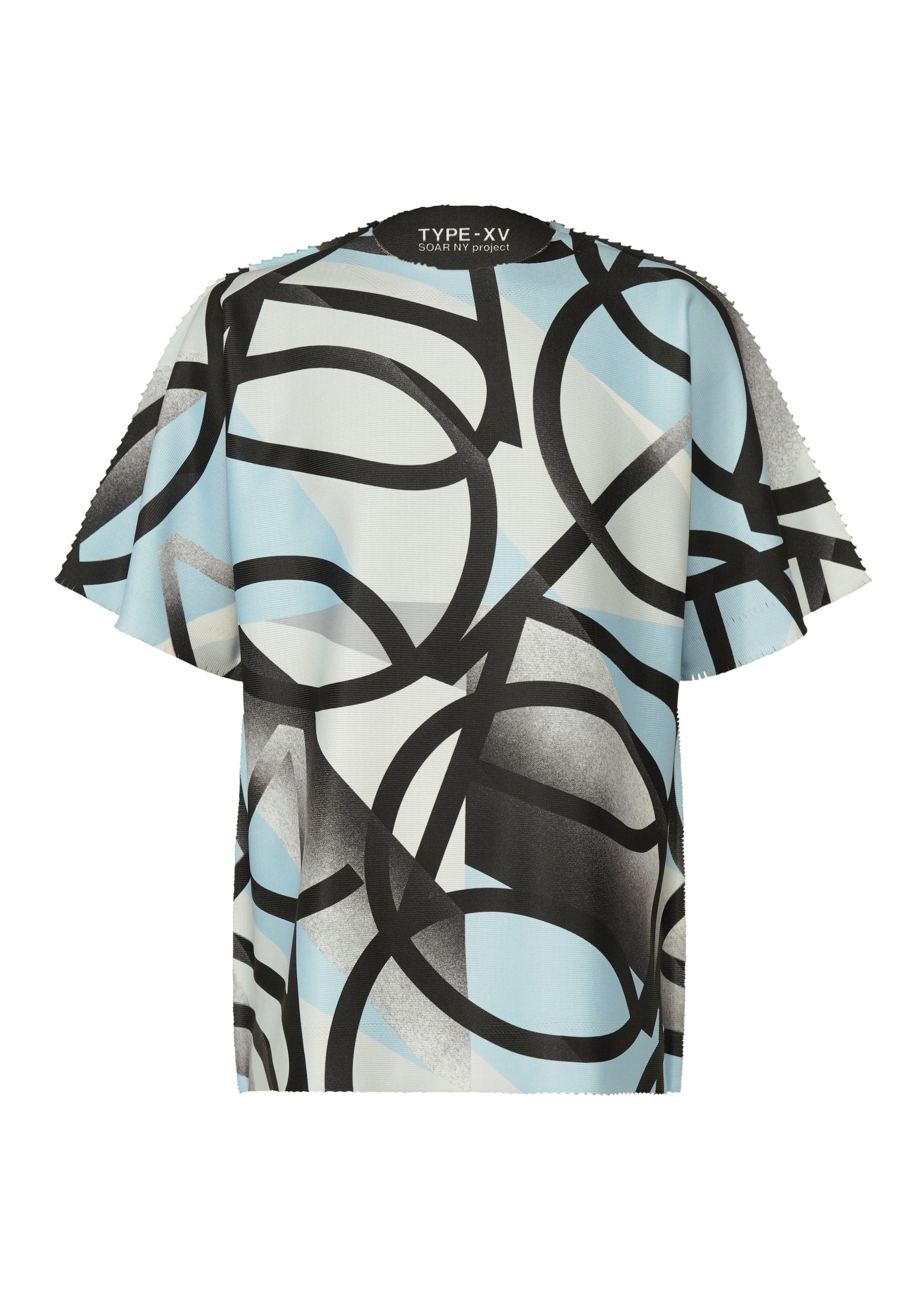 Zoomed view Loose-fit, short-sleeved knit top by A-POC ABLE ISSEY MIYAKE. Features bold black, white, and light blue abstract pattern of curved and angular shapes. Back label: TYPE-XV SOAR NY project 002. - LIGHT BLUE-HUED （no.78）