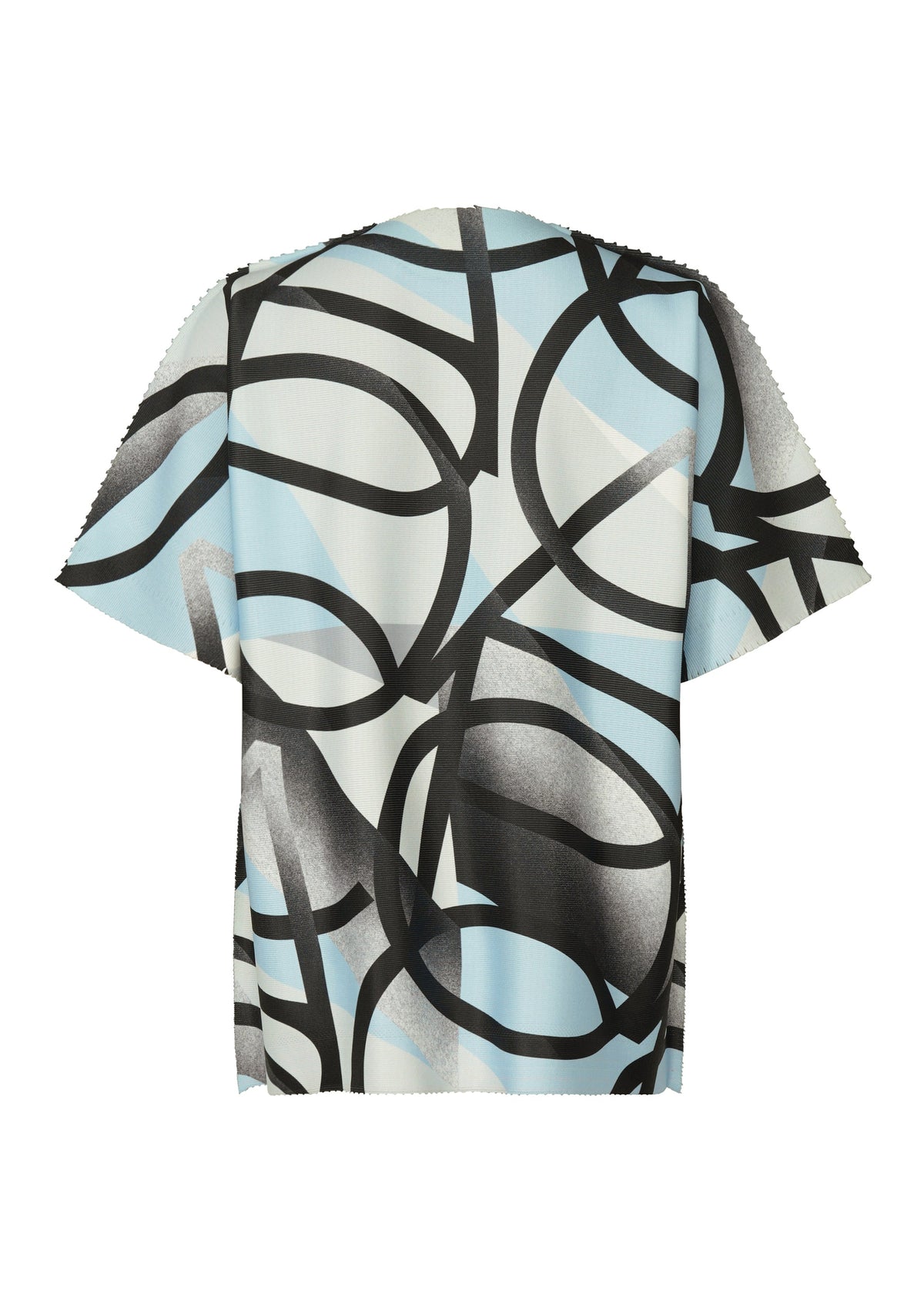 The TYPE-XV SOAR NY project 002 by A-POC ABLE ISSEY MIYAKE is a short-sleeve knit top featuring bold black curved lines and soft gray over light blue and white, shown flat on a white background. view 4 of 10