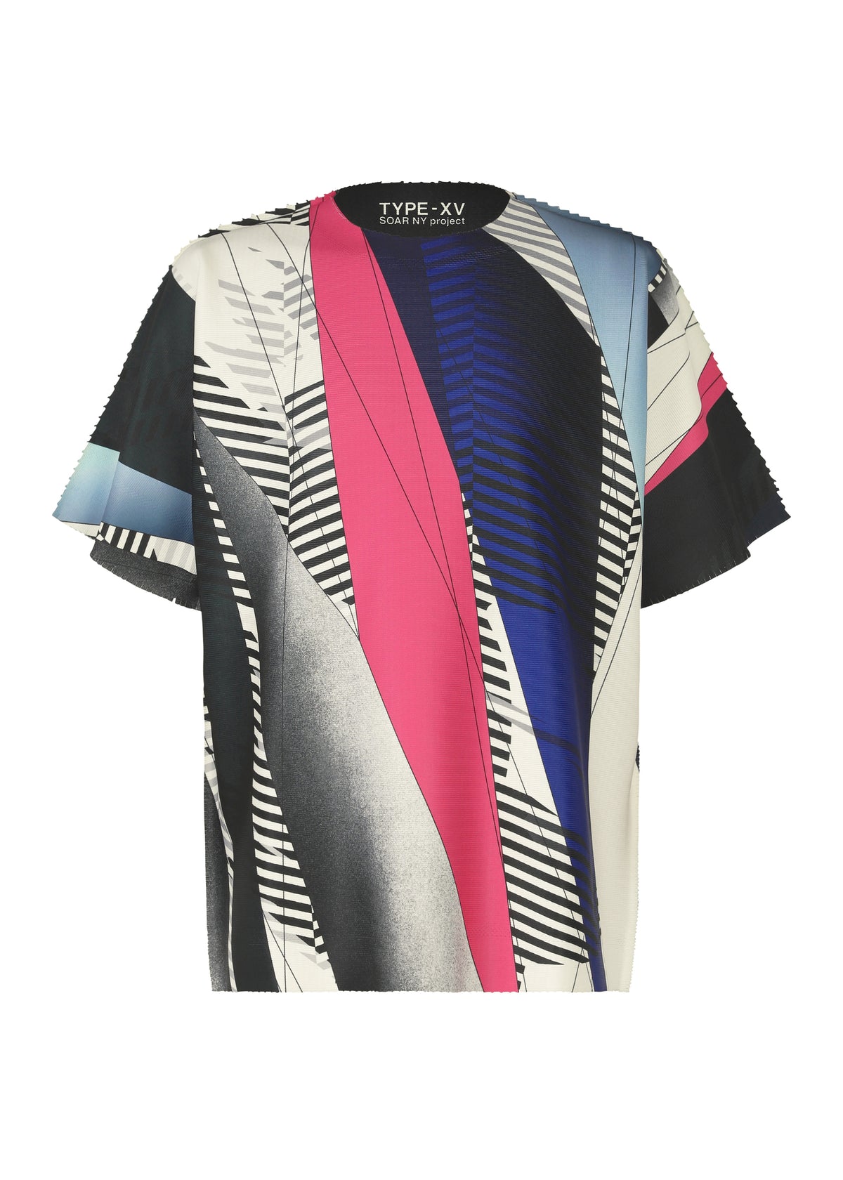A-POC ABLE ISSEY MIYAKE’s TYPE-XV SOAR NY project 003 is a short-sleeved knit top with bold abstract geometric patterns in black, white, gray, pink, and blue. "TYPE-XV SOAR NY project 003" is printed inside the collar. view 1 of 6