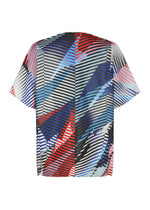 The TYPE-XV SOAR NY project 003 by A-POC ABLE ISSEY MIYAKE is a short-sleeved shirt with an abstract geometric pattern of diagonal blue, red, black, white, and pink stripes for a modern, eye-catching style.