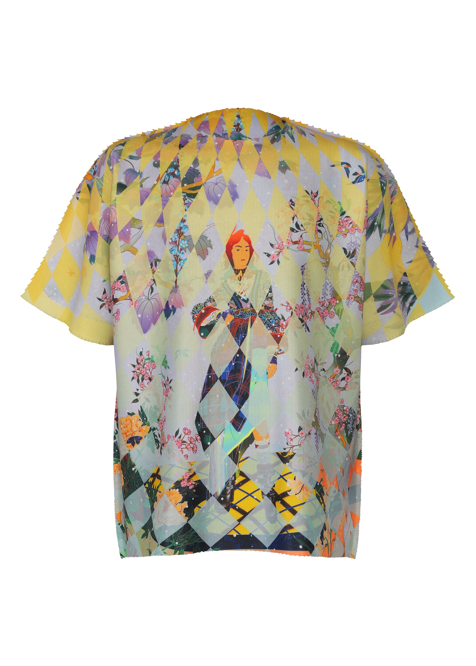 Zoomed view TYPE-XII Tomokazu Matsuyama project 004 by A-POC ABLE ISSEY MIYAKE is a short-sleeve shirt featuring a colorful diamond pattern with floral designs and a central illustration of a person with red hair, inspired by the contemporary artist collaboration. - YELLOW-HUED（no.89）