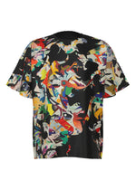 A-POC ABLE ISSEY MIYAKE's TYPE-XII Tomokazu Matsuyama project 004 is a short-sleeved shirt showcasing a vibrant, multicolored abstract pattern with bold shapes and splashes of color on a black background, inspired by the contemporary artist collaboration with Tomokazu Matsuyama. - BLACK-HUED（no.90）