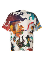 Experience TYPE-XII Tomokazu Matsuyama project 004: a short-sleeve shirt from A-POC ABLE ISSEY MIYAKE, featuring an abstract multicolored design with swirls, floral motifs, and cityscape elements on a light background—created in collaboration with contemporary artist Tomokazu Matsuyama. - WHITE-HUED（no.91）