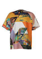 The TYPE-XII Tomokazu Matsuyama project 004 by A-POC ABLE ISSEY MIYAKE is a colorful short-sleeve shirt featuring geometric shapes and vibrant collage-style illustrations of people, nature, and animals on a white and orange background—created in collaboration with contemporary artist Tomokazu Matsuyama. - MULTI COLOR A（no.92）
