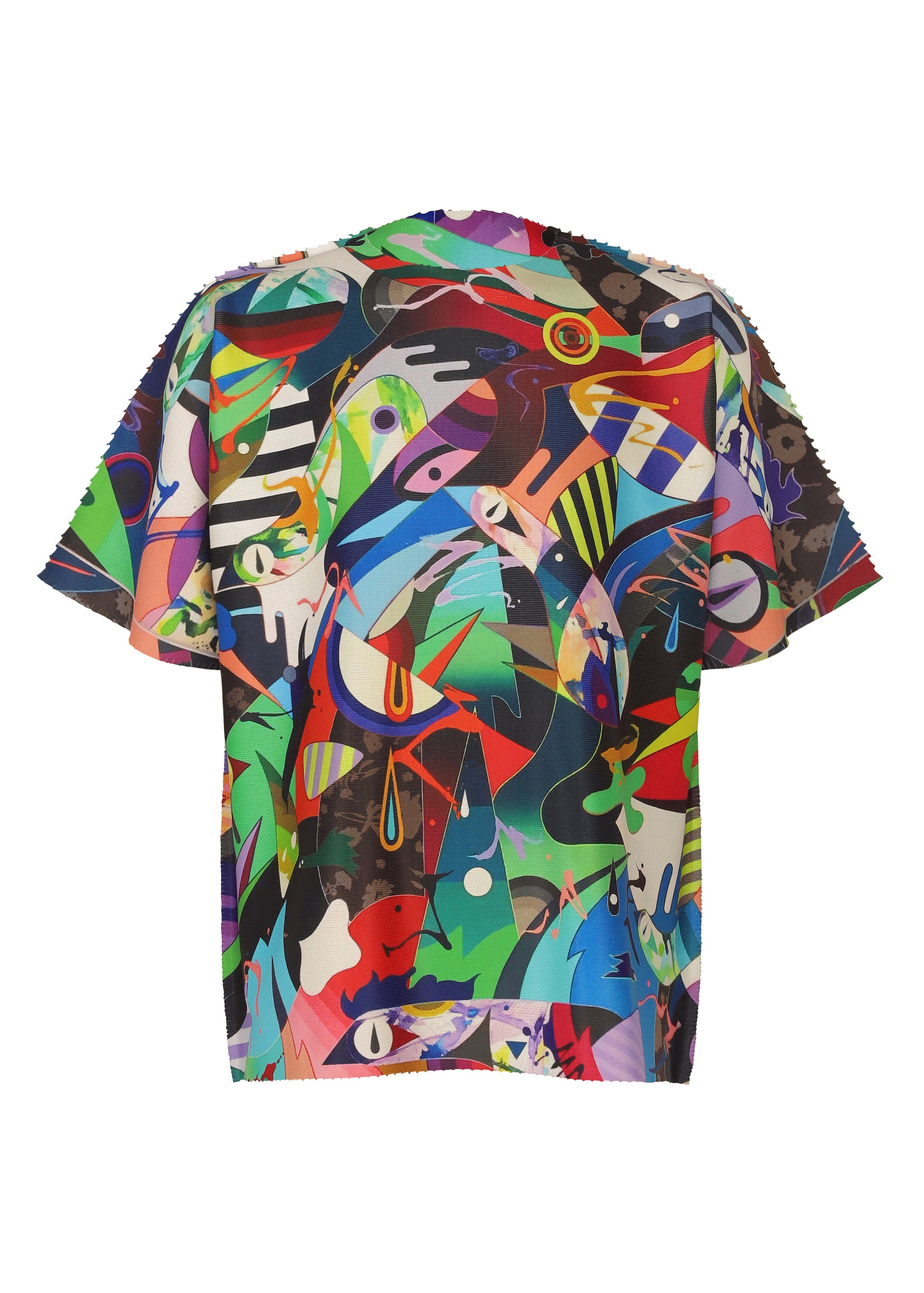 Zoomed view The TYPE-XII Tomokazu Matsuyama project 004 short-sleeve shirt by A-POC ABLE ISSEY MIYAKE showcases a striking, abstract multicolored pattern with bold shapes, eyes, raindrops, and dynamic lines on a black background. Created in collaboration with contemporary artist Tomokazu Matsuyama, the vibrant design extends across the entire back of the shirt. - MULTI COLOR B（no.97）