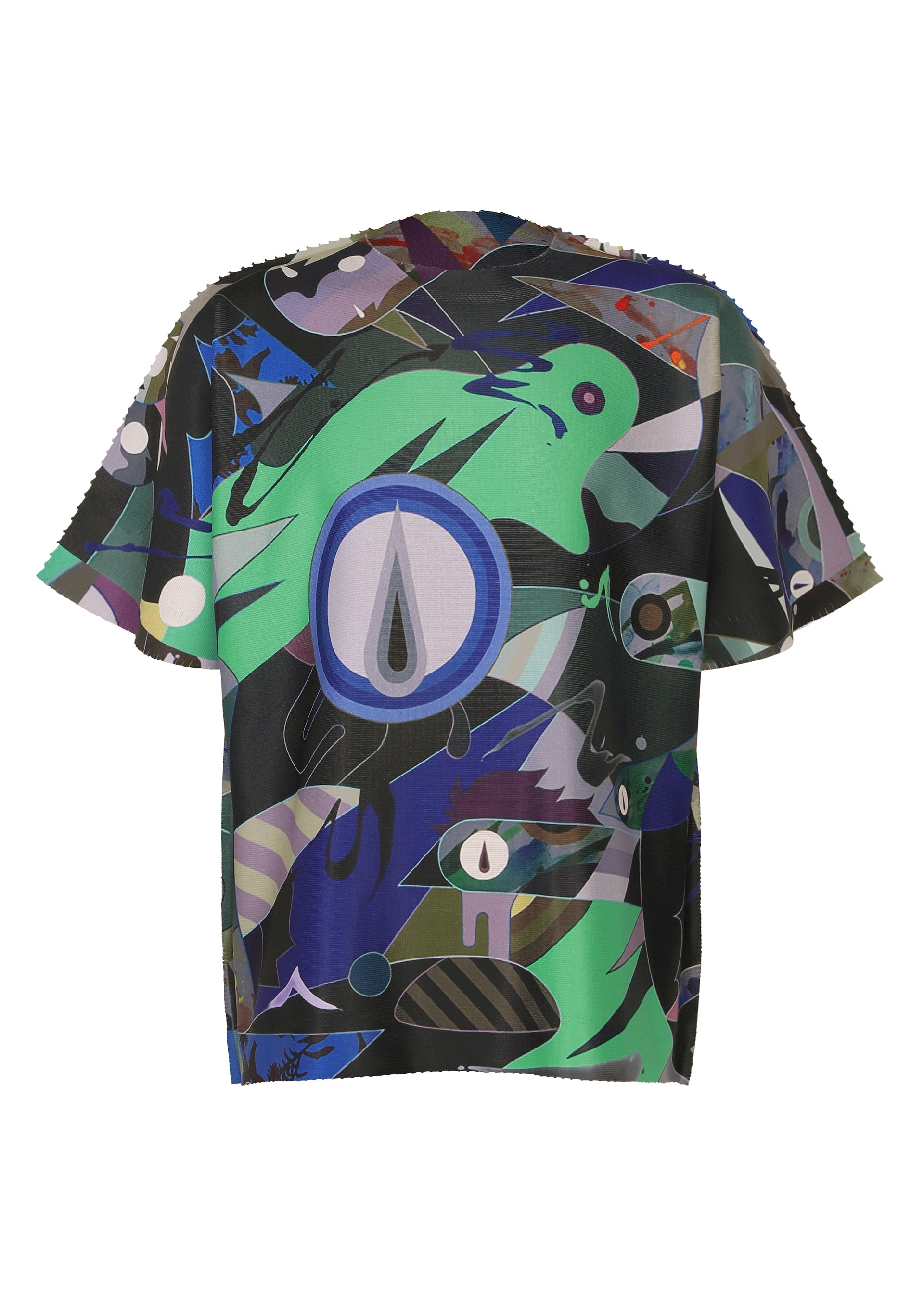 Zoomed view Introducing the TYPE-XII Tomokazu Matsuyama project 004 by A-POC ABLE ISSEY MIYAKE—a short-sleeve shirt adorned with an abstract pattern in green, blue, purple, and black shapes, featuring a prominent blue-bordered circle and eye-like motifs on the back. This unique piece is part of a contemporary artist collaboration with Tomokazu Matsuyama. - BLUE-HUED（no.98）