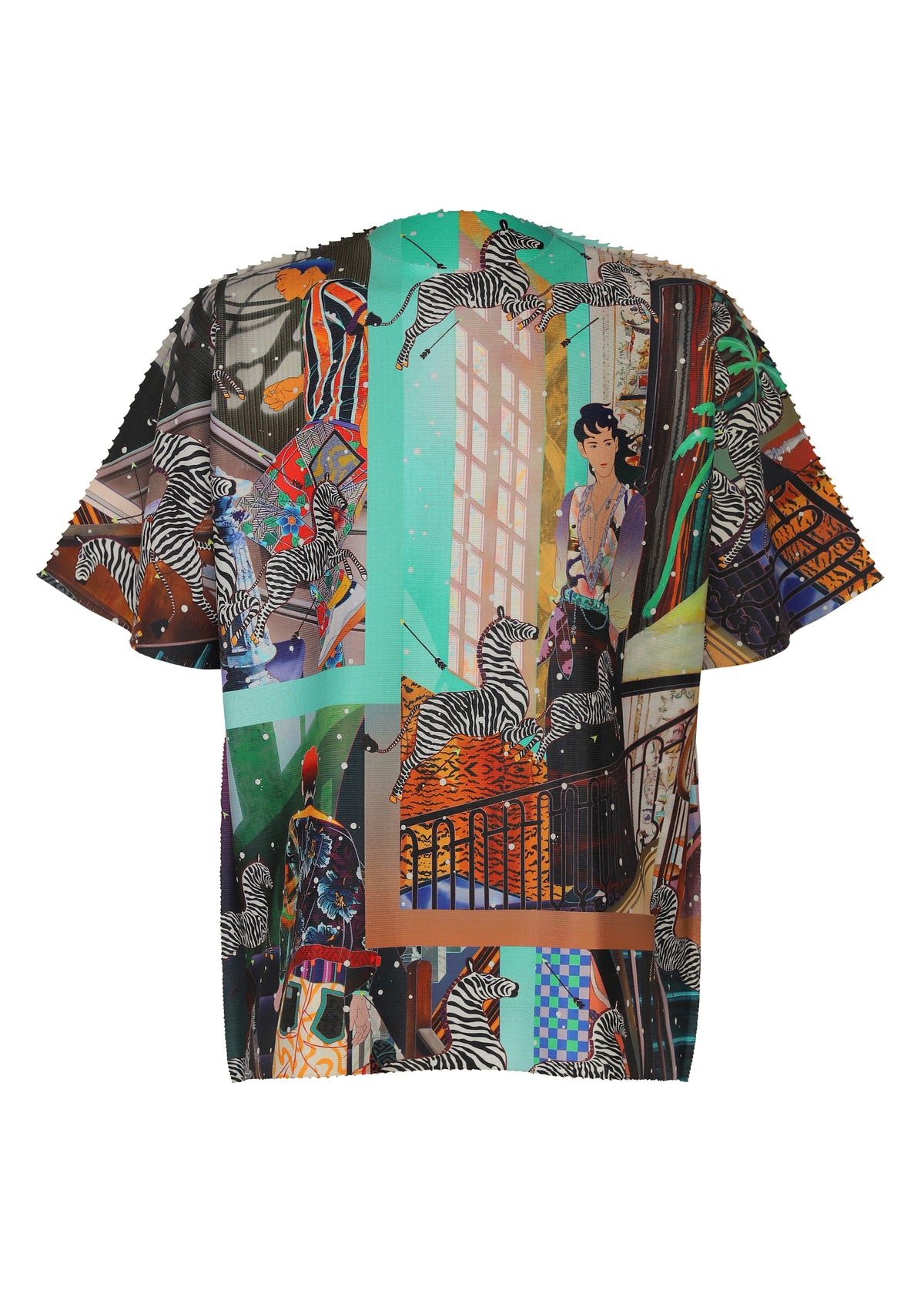 Introducing the TYPE-XII Tomokazu Matsuyama project 004 t-shirt from A-POC ABLE ISSEY MIYAKE—a vibrant piece featuring an intricate design of zebras, abstract shapes, and a woman near a window set against city-inspired details. This collaborative work beautifully captures the contemporary artistry and striking aesthetic reminiscent of Tomokazu Matsuyama. view 7 of 15